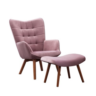 Vynxaria Blue Velvet Modern Accent Chairs with High Back, Armrests, Wooden Legs, and Ottoman, ideal for Indoor Spaces