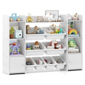 Costway 4-Tier Large Storage Cabinet with 6 Cubbies & 8 Removable Bins Bookshelf White/Pink/Gray - 1 of 4