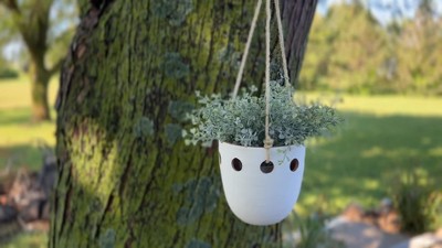 White Terracotta Round Hanging Planter with Jute Hanger