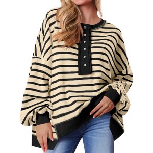 Imily Bela Women Color Block Waffle Knit Top Oversized Comfort  Casual Sweatshirt - 1 of 4