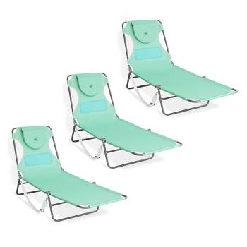Ostrich Chaise Lounge Outdoor Lightweight Folding Adjustable Reclining Beach Chair for Tanning Pool Lake Patio Lawn Camping, Teal (3 Pack)
