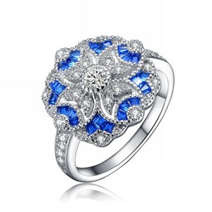 Guili Luxe Sterling Silver Ring, Clear Baguette Cubic Zirconia, Modern Cocktail Style, Sophisticated Statement, Green/Blue, Sizes 6-8. - 1 of 3