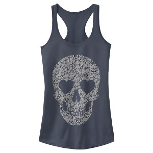 Juniors Womens Lost Gods Lace Print Heart Skull Racerback Tank Top - 1 of 4