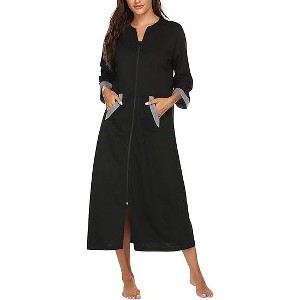 Ekouaer Women Zipper Robe 3/4 Sleeves Loungewear Dress Full Length Sleepwear Pockets Housecoat Nightgown Long Bathrobe - 1 of 4