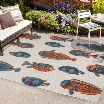 Navy and Orange Coastal Fish Pattern Synthetic 8' x 10' Area Rug