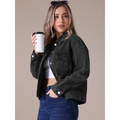 Женские куртки INSPIRE CHIC Women's Button Down Long Sleeve Oversized Denim Jacket Black Medium — фото 2