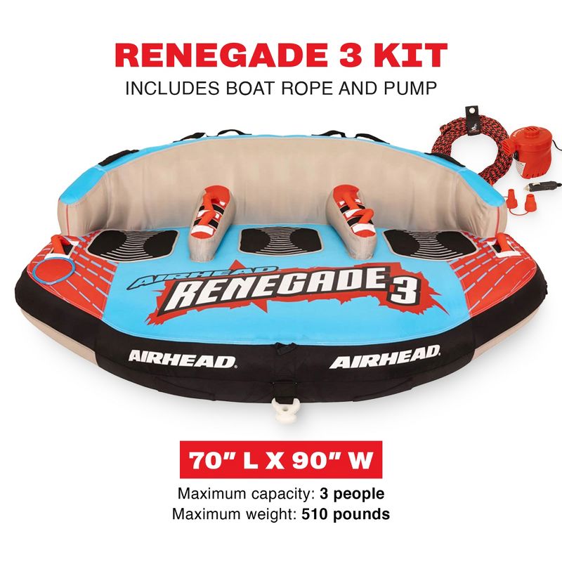 Airhead 3-Person Renegade Inflatable Towable Water Tube Seat Rider with Boat Pull Rope and Pump (AHRE-503), 3 of 7