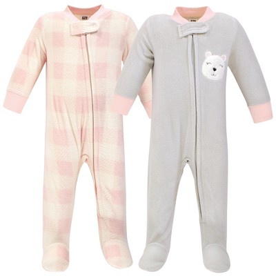 Hudson Baby Infant Girl Fleece Zipper Sleep and Play 2pk, Girl Baby Bear, 0-3 Months