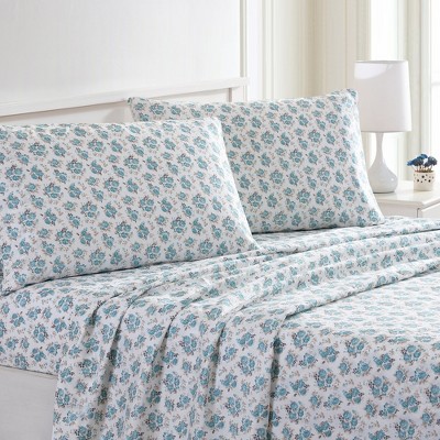 Forever Roses Full Size Blue and Beige Microfiber Sheet Set