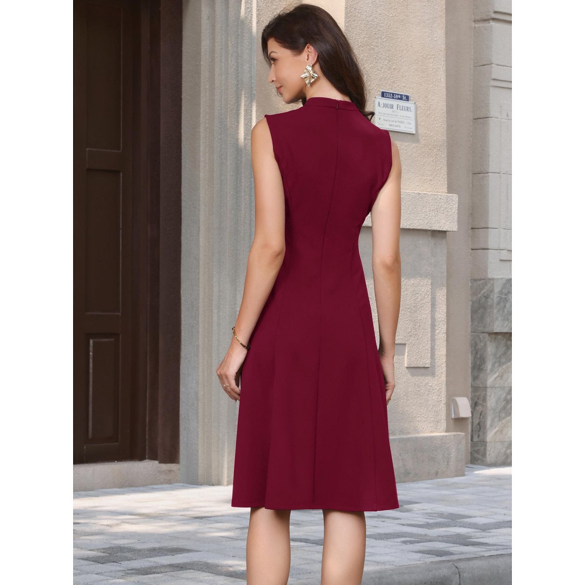 Женские платья INSPIRE CHIC Women's Work Mock Split Neck Sleeveless Casual Elegant A-Line Midi Dresses Small Burgundy — фото 3