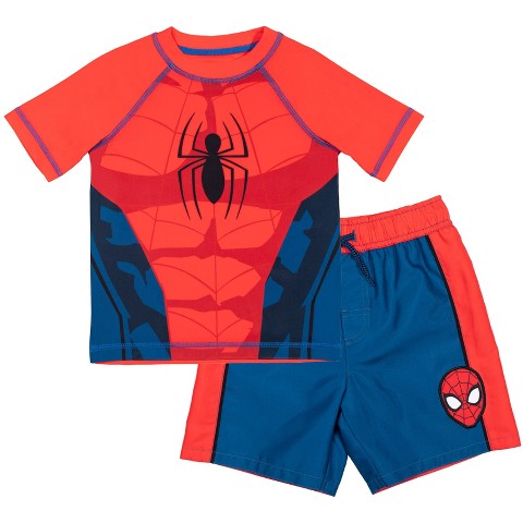 Marvel Spider-Man Big Boys' Cosplay Raglan Short Sleeve Swim Shirt and Board Shorts Set with Drawstring Red Blue 8