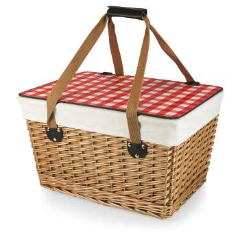 Picnic Time Canasta Grande Wicker Basket with Beige Canvas with Red and White Gingham Pattern Lid