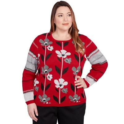 Alfred Dunner Women's Vertical Flower Zig Zag Sweater