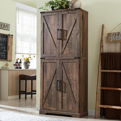 SinCiDo Farmhouse Kitchen Pantry with Barn Doors and Adjustable Shelves, 72″ Storage Cabinet, Rustic Wood Cupboard for Kitchen, Light Brown