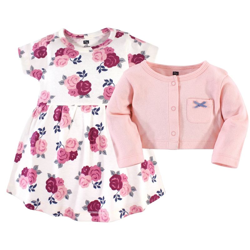 Hudson Baby Infant and Toddler Girl Cotton Dress and Cardigan 2pc Set, Blush Floral, 3 of 6