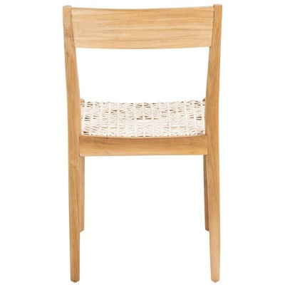 Set of 2 White Woven Leather and Teak Dining Chairs