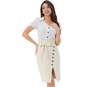 Allegra K Women's Vintage Button Decor Belted Split Front Knee Length Pencil Skirt - 1 of 4