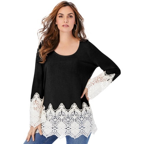 Roaman's Women's Plus Size Fine Gauge Lace Pullover Sweater - image 1 of 4