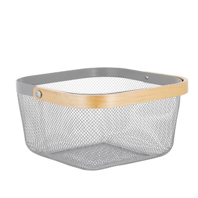 Gray Mesh Rectangular Storage Box with Bamboo Handle