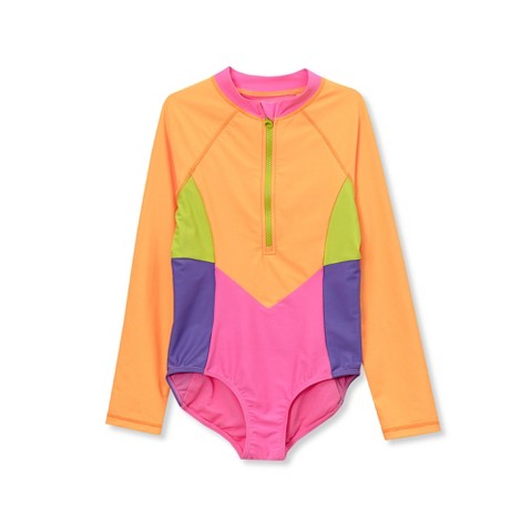 Lands' End Kids Chlorine Resistant Long Sleeve One Piece Half Zip Swimsuit - Large - Orange/Pink Colorblock