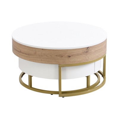 Vynxaria White & Natural Round Lift-Top Coffee Tables - 31.5" Nesting Set with Storage