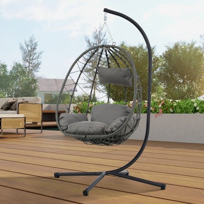 Coolbibila Outdoor Patio Garden Wicker Egg Hanging Swing Basket Chair,Indoor Cushion Hammock Egg Chair with Stand for Bedroom,Living Room