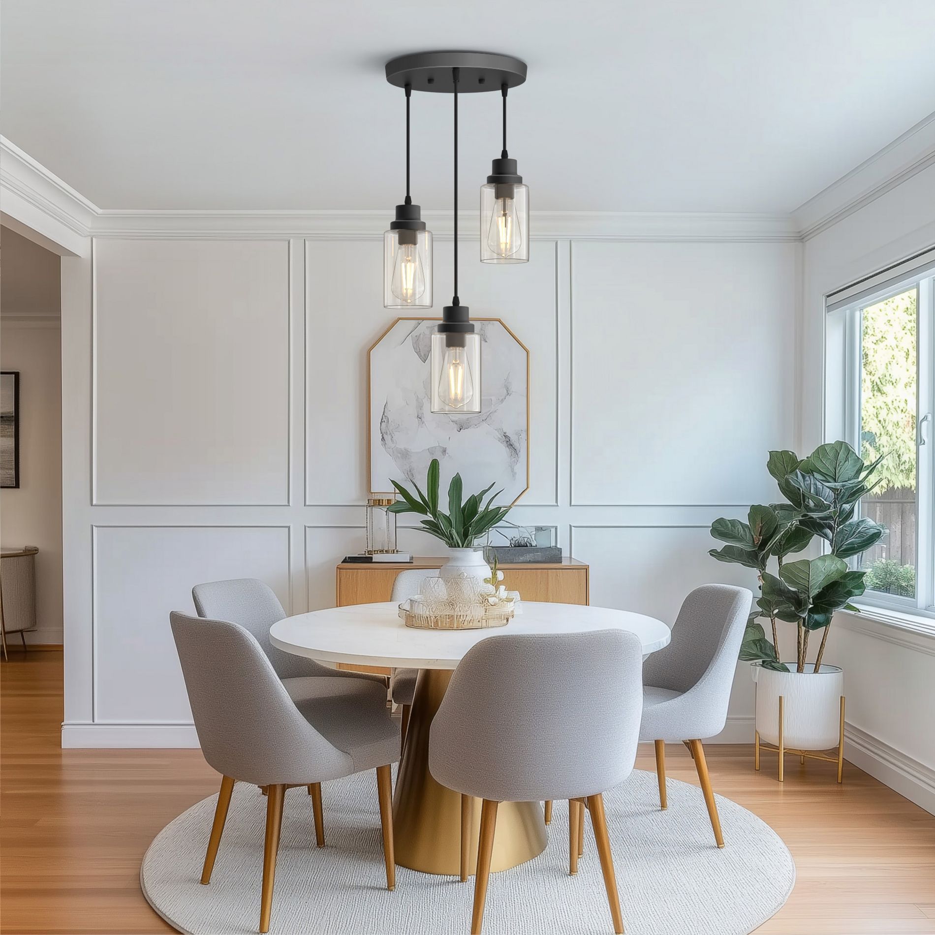 DORESshop 3-Light Black Vintage Cluster Pendant Light with Clear Glass Shade for Kitchen Dining Room