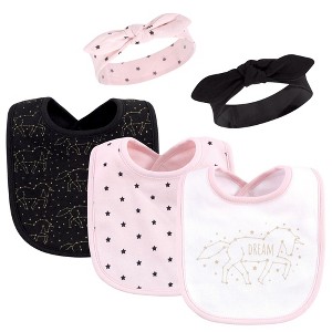 Hudson Baby Infant Girl Cotton Bib and Headband Set 5pk, Dream Unicorn, One Size - 1 of 4