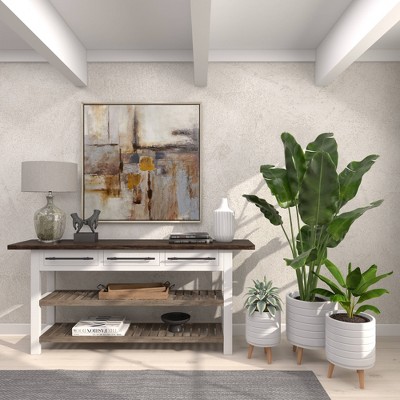 Set of 3 White Fiber Clay Etched Planters with Wooden Tripod Stand
