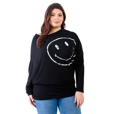 Slickblue Women's Plus Flannel Top with Smile Front Print - Dolman Sleeves & Asymmetric Hem, Black/Teal, 1XL/3XL