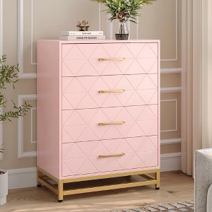 3-Drawer Pink Modern Wooden Dresser ¨C Wide Drawer Chest with Metal Handles for Bedroom - 1 of 4