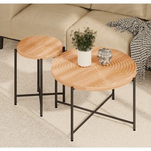 NicBex Natural 2-Piece Round Coffee Table & End Table Set,Distressed Wood Design & Black Metal Legs,Center Table for Living Room - 1 of 4