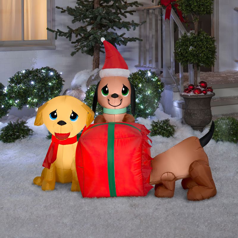 Gemmy Christmas Airblown Inflatable Present Puppies Scene, 4 ft Tall, Multicolored, 2 of 3