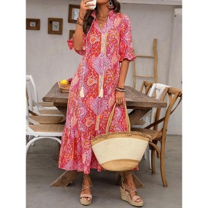 Women's Bohemian Print Dress Half Sleeve Flowy Casual Maxi Summer Dress - 1 of 4