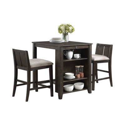 3pc Wooden Counter Height Dining Set with USB Plugin and Panel Back Chairs Brown - Benzara