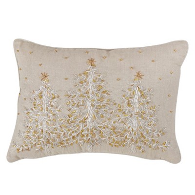 Lewondr Christmas Pillow Covers, 12x20 inch 1Pcs Soft Cute Pellet Velvet Embroidery Trees Brown White Decorative Lumbar Pillow Cover with Tassel