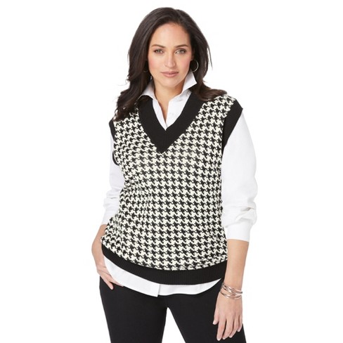 Jessica London Women's Plus Size Sweater Vest, M - Ivory Houndstooth