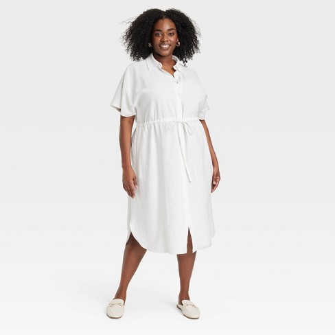 Women s Short Sleeve Linen Midi Shirtdress A New Day White 4x Target