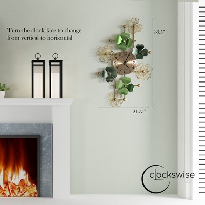 Oversized Gold and Green Metal Leaf Art Wall Clock