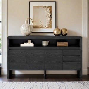 60" 3-Door Sideboard with 3 Drawers - Modern Solid Ash Veneer MDF Sideboard, Semi-Open Shelf & Center Semi - Leovsnove - 1 of 4