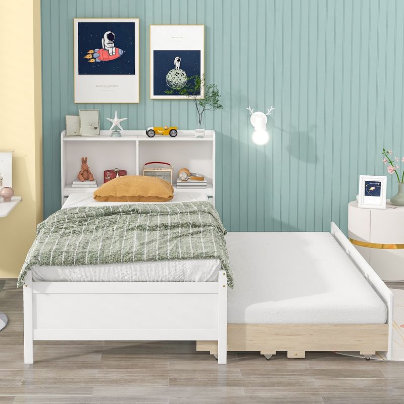 Full/Twin Size Platform Bed with Bookcase Headboard, Twin Size Trundle Bed and Drawers-ModernLuxe, 3 of 10