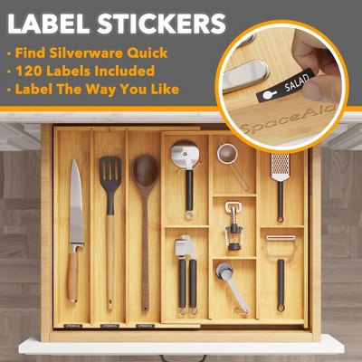 SpaceAid Bamboo Utensil Drawer Organizer with Labels – Expandable Kitchen Tray for Flatware, Cutlery, Spoons, and Knives – Drawer Storage Solution (Natural)