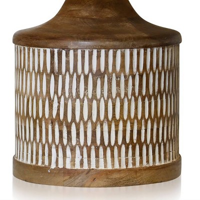 Natural and White Carved Wood Table Lamp with Cotton Shade