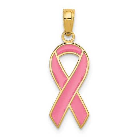 14k Yellow Gold & Pink Enamel Awareness Ribbon Pendant - 8mm Breast Cancer Support Charm, 22mm Length, Chain Not Included