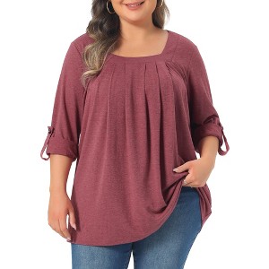 Women's Plus Size Long Sleeve Button Square Neck Flowy Pleated Loose Tunic Blouse - Agnes Orinda - 1 of 4