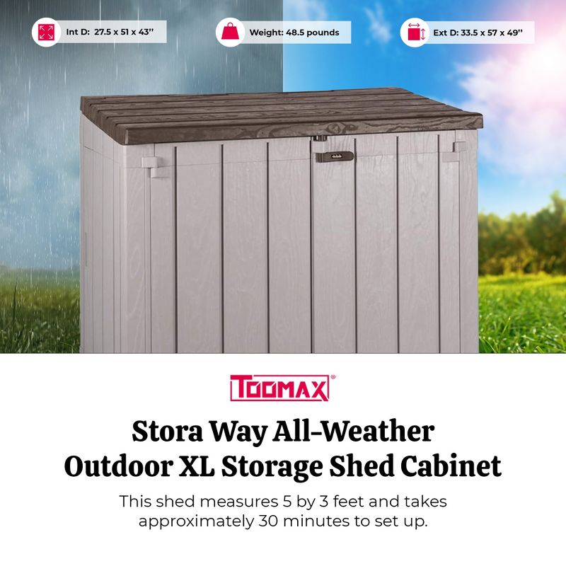 Toomax Stora Way Extra Large 220 Gallon Outdoor Horizontal Storage Shed Cabinet for Trash Can, Garden Tools, and Yard Equipment, Taupe Gray and Brown, 3 of 8