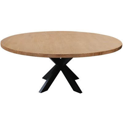 HomeRoots 60" Natural And Black Rounded Solid Wood And Iron Pedestal Base Dining Table