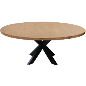 HomeRoots 60" Natural And Black Rounded Solid Wood And Iron Pedestal Base Dining Table - 1 of 4