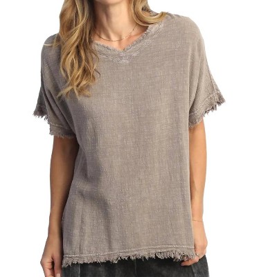 Women's Mineral Washed Short-sleeve Gauze Top With Fringe - Jess & Jane