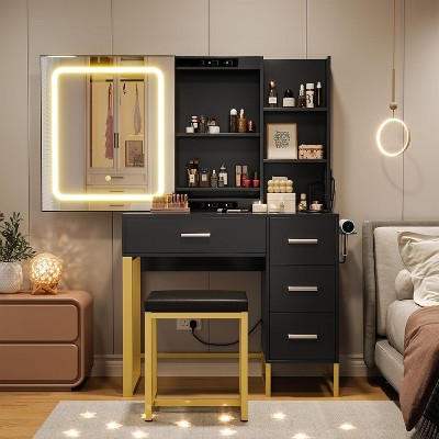 Dresser Set, 4 Drawers with Electrical Outlet, Sliding Mirror, Lighting, Stool, Open Shelf, 3 Color Light Modes, White